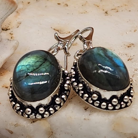 Natural Labradorite Stones Silver 925 Earrings - Picture 4 of 8